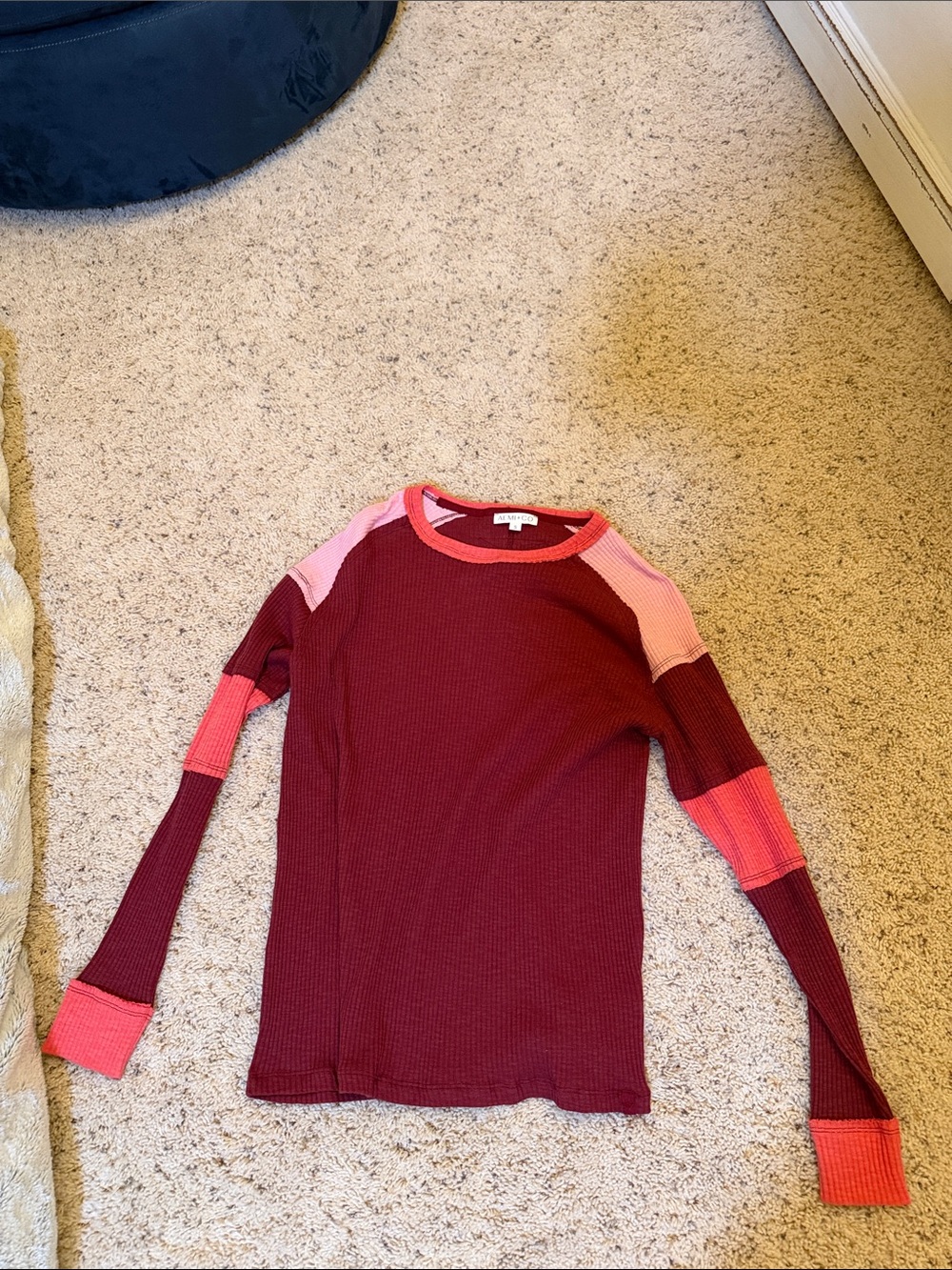 Girls' Colorblock Ribbed Long-Sleeve Top in Burgundy and Pink